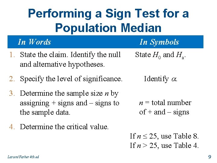 Performing a Sign Test for a Population Median In Words In Symbols 1. State