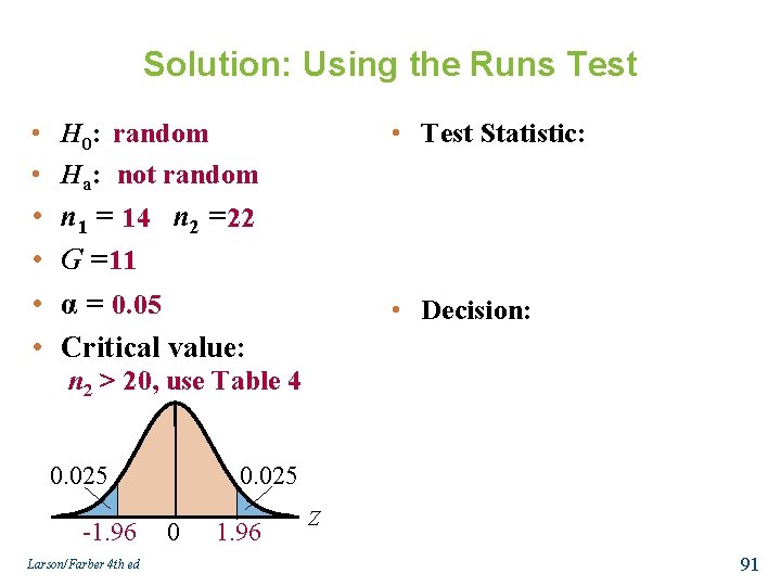 Solution: Using the Runs Test • H 0: random • Ha: not random •