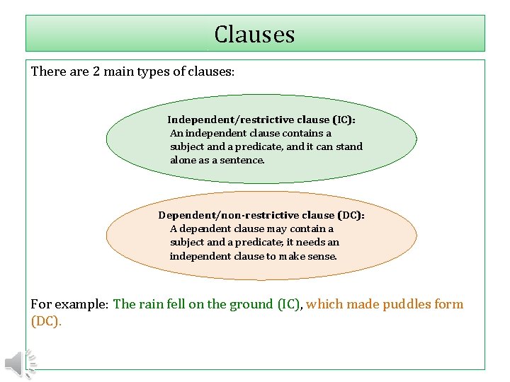 Clauses There are 2 main types of clauses: Independent/restrictive clause (IC): An independent clause