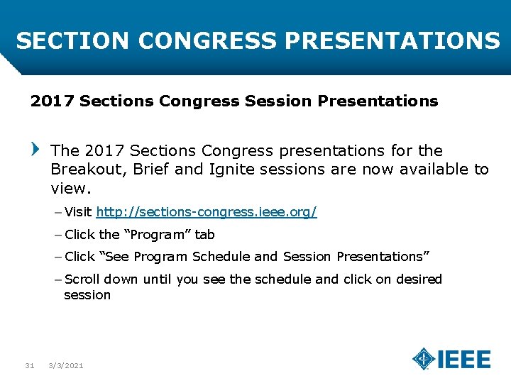 SECTION CONGRESS PRESENTATIONS 2017 Sections Congress Session Presentations The 2017 Sections Congress presentations for