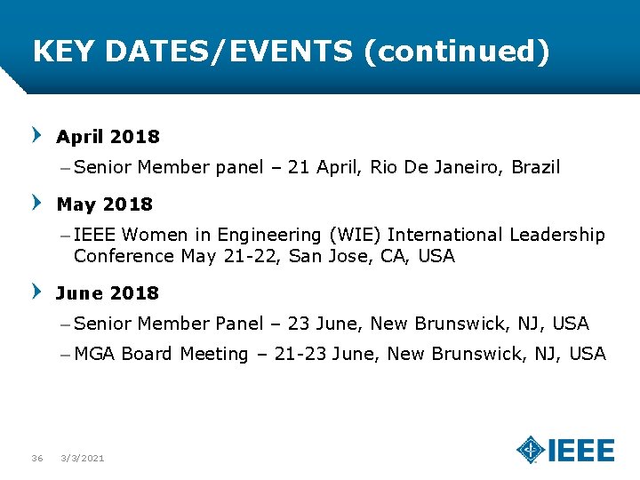 KEY DATES/EVENTS (continued) April 2018 – Senior Member panel – 21 April, Rio De