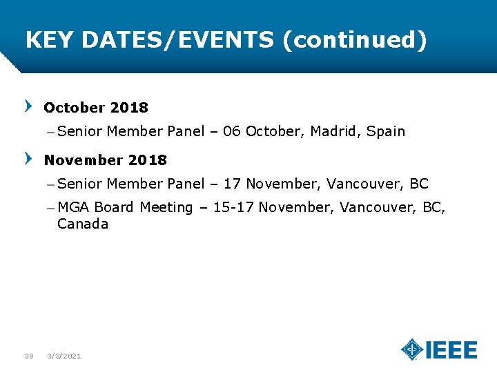 KEY DATES/EVENTS (continued) October 2018 – Senior Member Panel – 06 October, Madrid, Spain