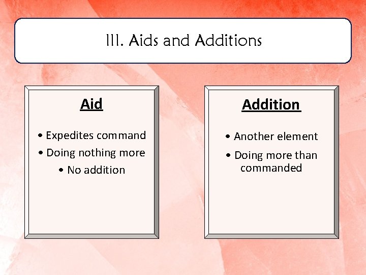 III. Aids and Additions Aid Addition • Expedites command • Doing nothing more •