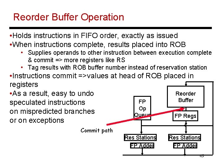 Reorder Buffer Operation • Holds instructions in FIFO order, exactly as issued • When