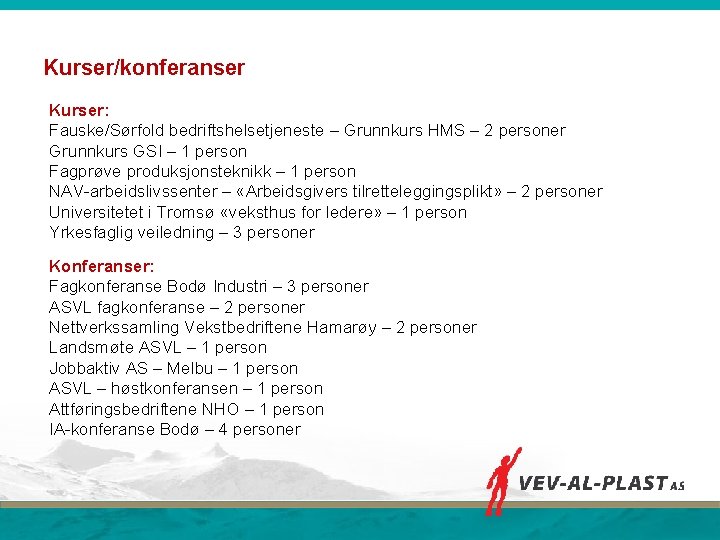 Kurser/konferanser Kurser: Fauske/Sørfold bedriftshelsetjeneste – Grunnkurs HMS – 2 personer Grunnkurs GSI – 1