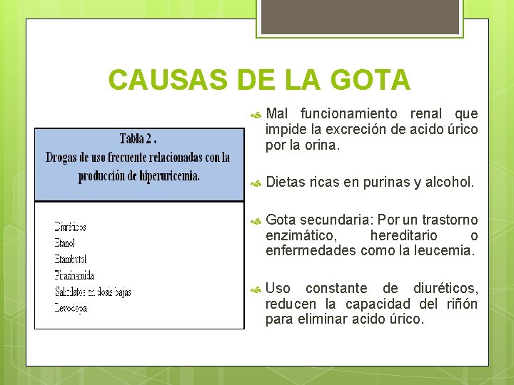 CAUSAS DE LA GOTA Mal funcionamiento renal que impide la excreción de acido úrico