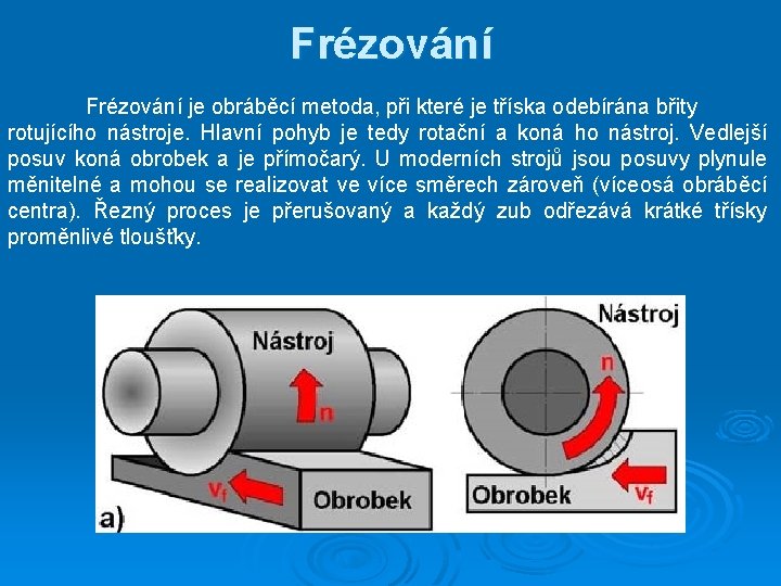 Frézování je obráběcí metoda, při které je tříska odebírána břity rotujícího nástroje. Hlavní pohyb