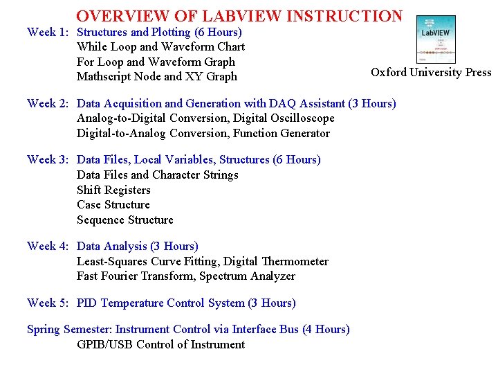 OVERVIEW OF LABVIEW INSTRUCTION Week 1: Structures and Plotting (6 Hours) While Loop and
