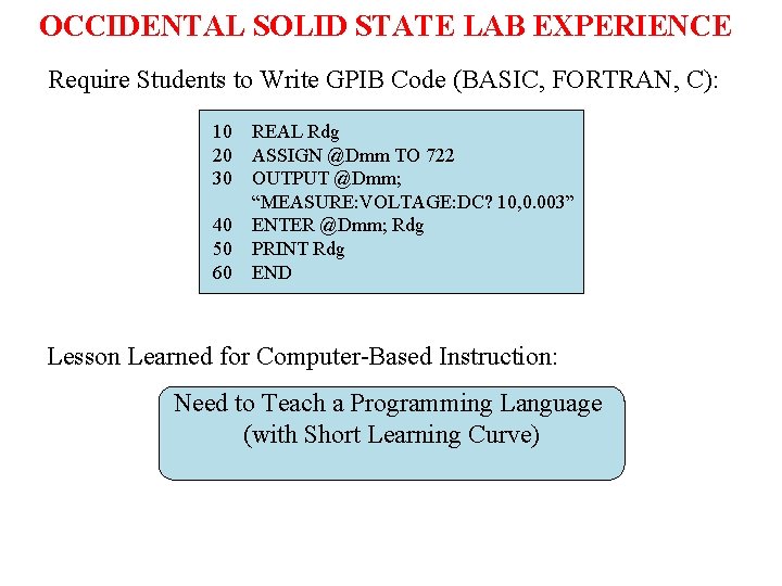 OCCIDENTAL SOLID STATE LAB EXPERIENCE Require Students to Write GPIB Code (BASIC, FORTRAN, C):