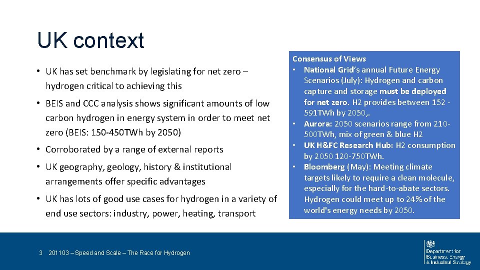 UK context • UK has set benchmark by legislating for net zero – hydrogen