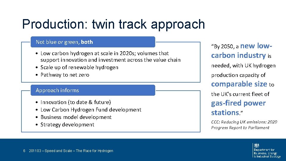 Production: twin track approach Not blue or green, both • Low carbon hydrogen at