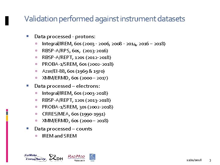 Validation performed againstrument datasets Data processed - protons: Integral/IREM, 60 s (2003 - 2006,