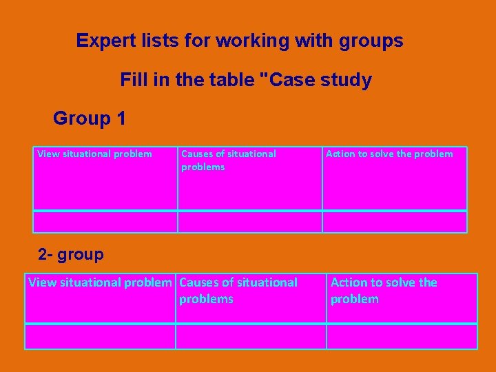 Expert lists for working with groups Fill in the table "Case study Group 1