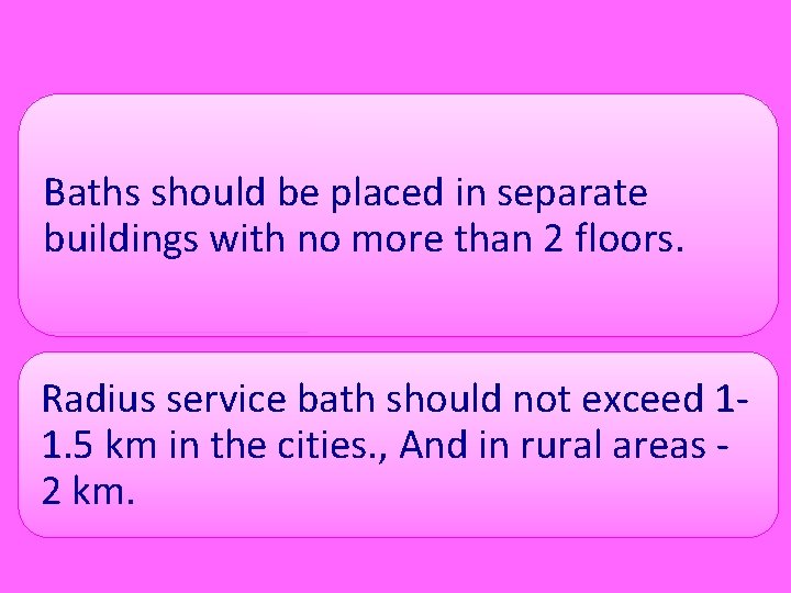 Baths should be placed in separate buildings with no more than 2 floors. Radius