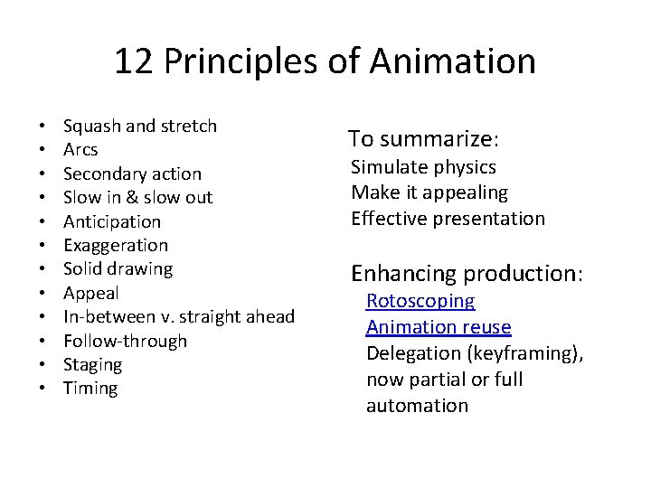 12 Principles of Animation • • • Squash and stretch Arcs Secondary action Slow