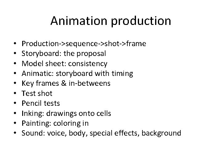 Animation production • • • Production->sequence->shot->frame Storyboard: the proposal Model sheet: consistency Animatic: storyboard