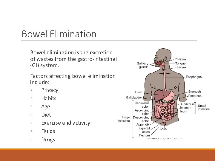 Bowel Elimination Bowel elimination is the excretion of wastes from the gastro-intestinal (GI) system.