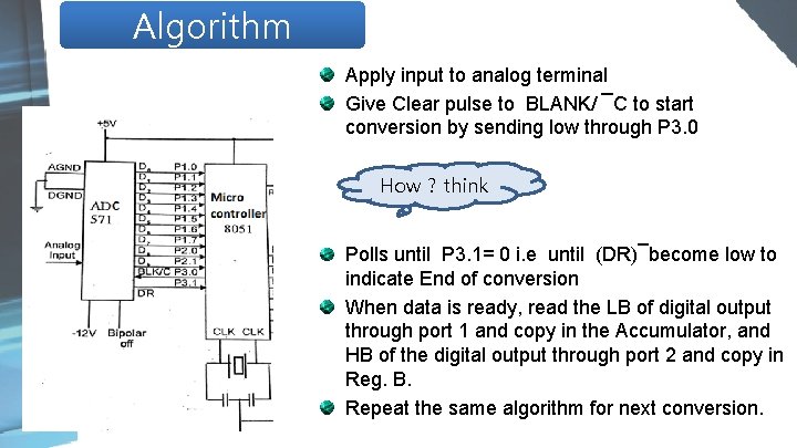 Algorithm Apply input to analog terminal Give Clear pulse to BLANK/ ¯C to start