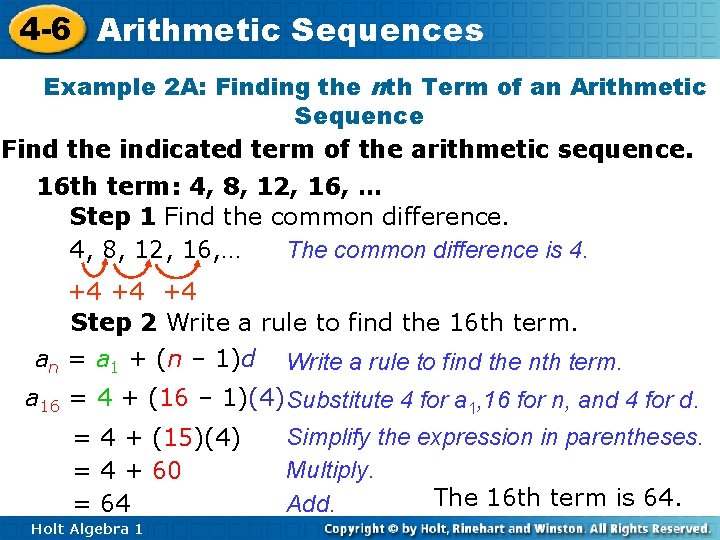 4 -6 Arithmetic Sequences Example 2 A: Finding the nth Term of an Arithmetic