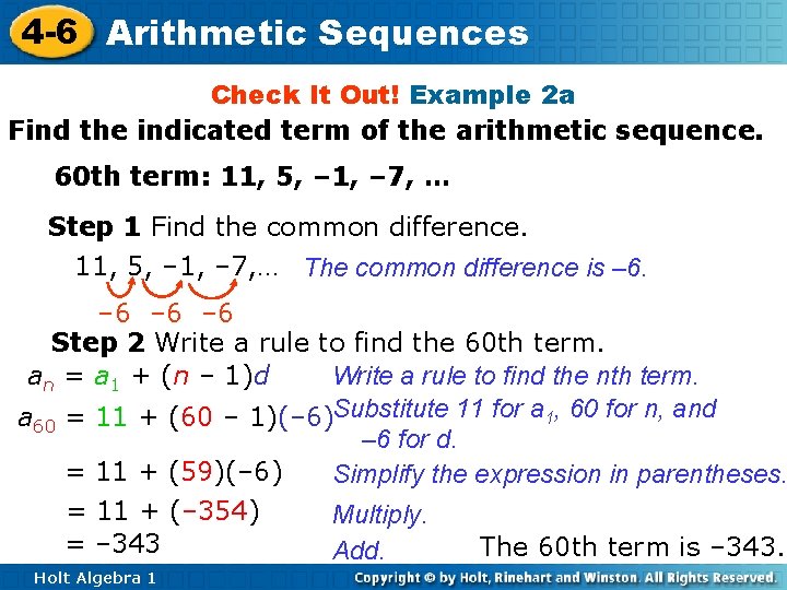 4 -6 Arithmetic Sequences Check It Out! Example 2 a Find the indicated term