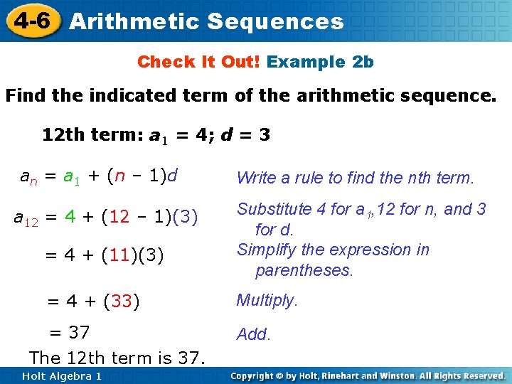 4 -6 Arithmetic Sequences Check It Out! Example 2 b Find the indicated term