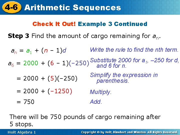 4 -6 Arithmetic Sequences Check It Out! Example 3 Continued Step 3 Find the