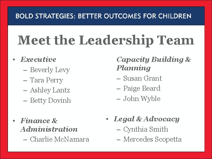 Meet the Leadership Team • Executive – Beverly Levy – Tara Perry – Ashley Meet the Leadership Team • Executive – Beverly Levy – Tara Perry – Ashley