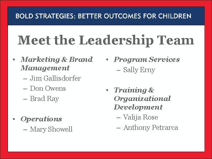 Meet the Leadership Team • Marketing & Brand Management – Jim Gallisdorfer – Don Meet the Leadership Team • Marketing & Brand Management – Jim Gallisdorfer – Don