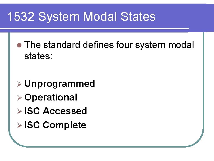 1532 System Modal States l The standard defines four system modal states: Ø Unprogrammed