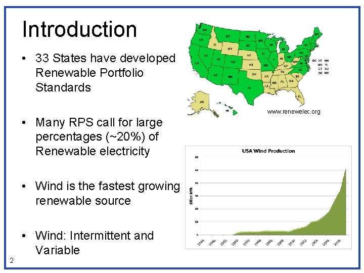 Introduction • 33 States have developed Renewable Portfolio Standards • Many RPS call for