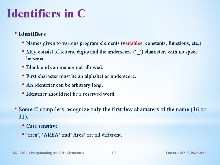 Identifiers in C • Identifiers • Names given to various program elements (variables, constants,