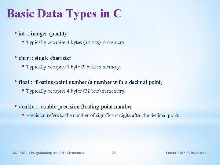 Basic Data Types in C • int : : integer quantity • Typically occupies