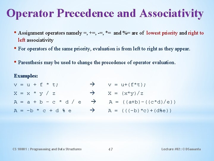 Operator Precedence and Associativity • Assignment operators namely =, +=, -=, *= and %=