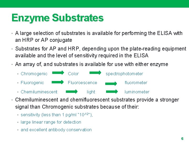 Enzyme Substrates • A large selection of substrates is available for performing the ELISA