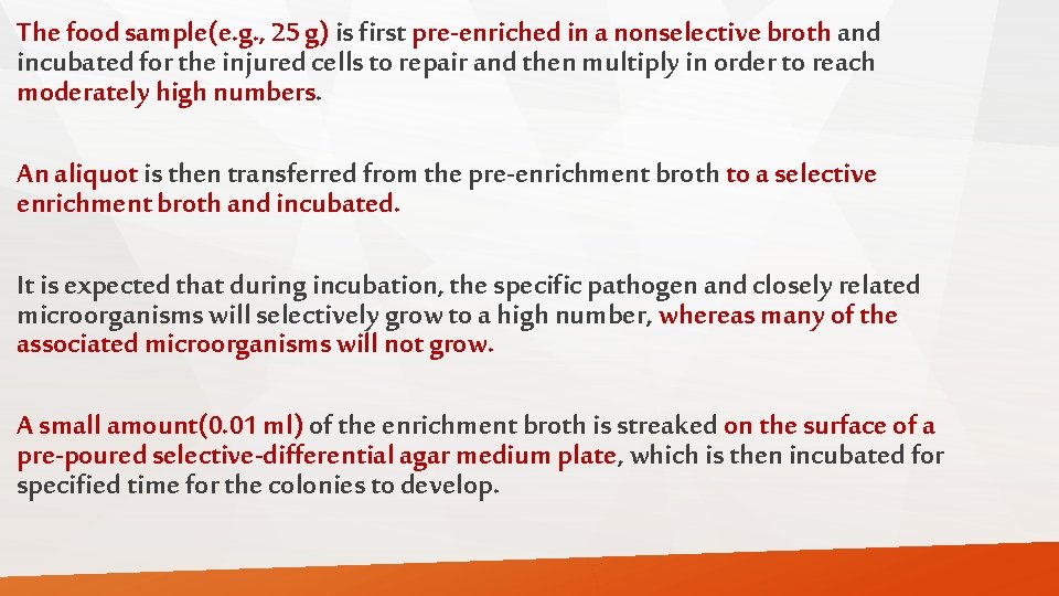 The food sample(e. g. , 25 g) is first pre-enriched in a nonselective broth