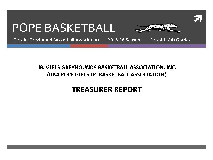 POPE BASKETBALL Girls Jr. Greyhound Basketball Association 2015 -16 Season Girls 4 th-8 th