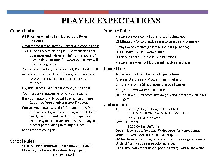 PLAYER EXPECTATIONS General Info # 1 Priorities – Faith / Family / School /