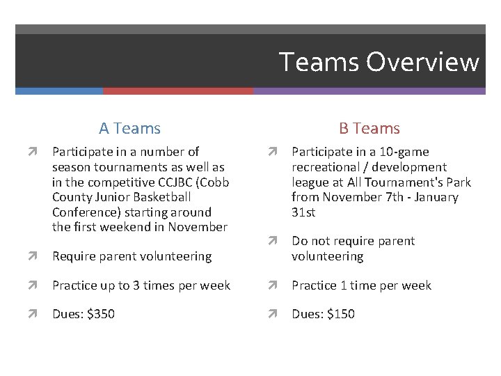 Teams Overview A Teams Participate in a number of season tournaments as well as