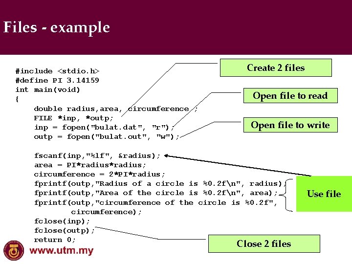 Files - example #include <stdio. h> #define PI 3. 14159 int main(void) { double