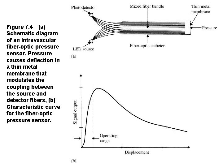 Figure 7. 4 (a) Schematic diagram of an intravascular fiber optic pressure sensor. Pressure causes