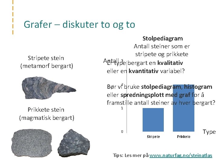 Grafer – diskuter to og to Stripete stein (metamorf bergart) Prikkete stein (magmatisk bergart)