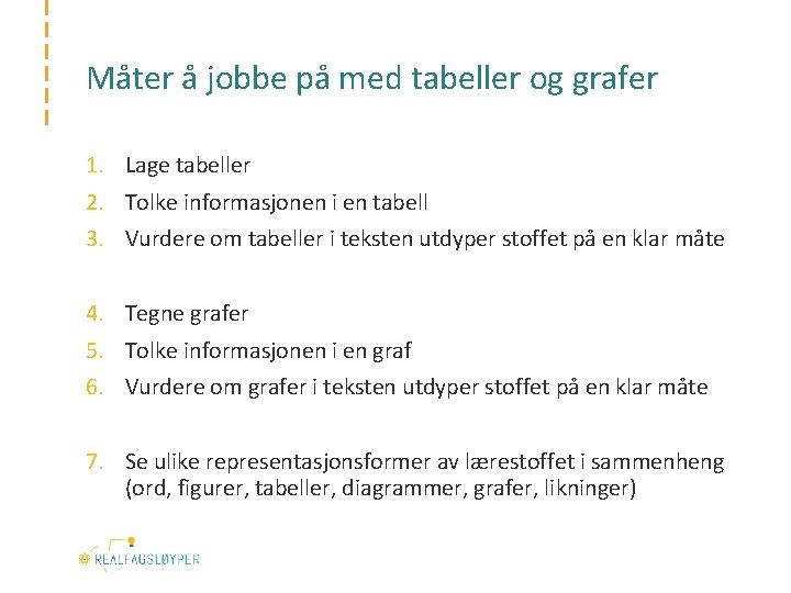 Måter å jobbe på med tabeller og grafer 1. Lage tabeller 2. Tolke informasjonen