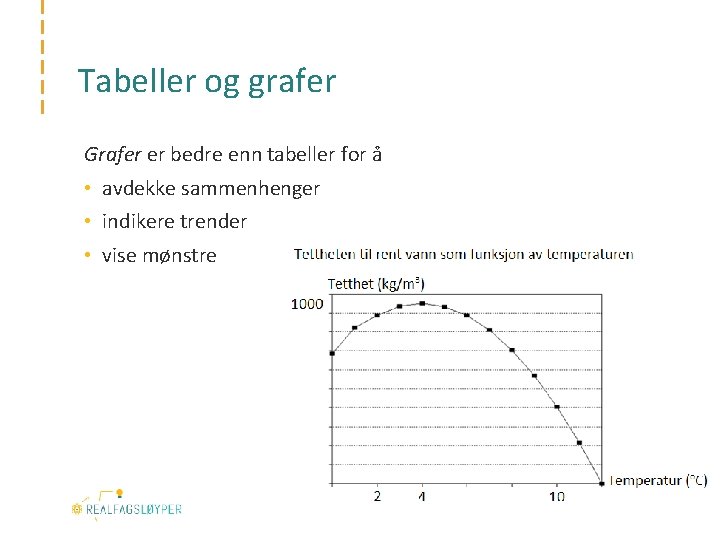 Tabeller og grafer Grafer er bedre enn tabeller for å • avdekke sammenhenger •