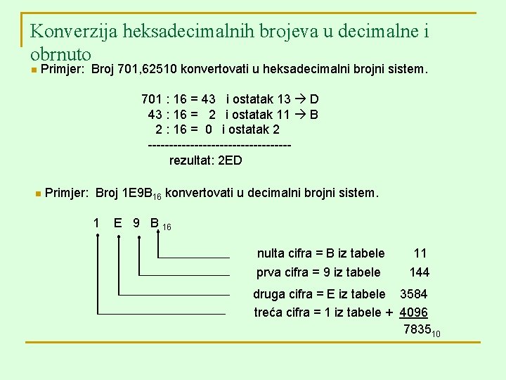 Konverzija heksadecimalnih brojeva u decimalne i obrnuto n Primjer: Broj 701, 62510 konvertovati u