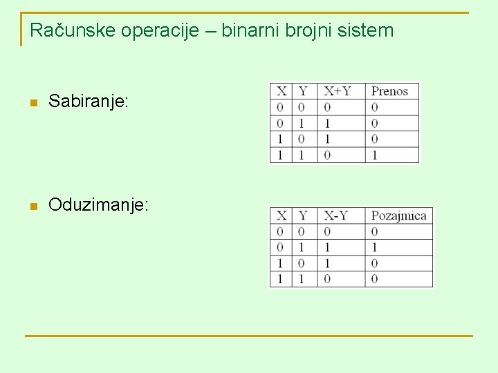 Računske operacije – binarni brojni sistem n Sabiranje: n Oduzimanje: 