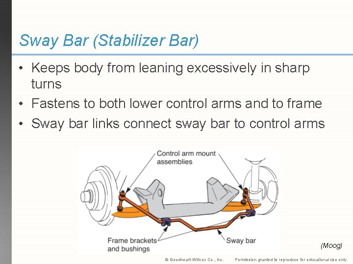 Sway Bar (Stabilizer Bar) • Keeps body from leaning excessively in sharp turns •
