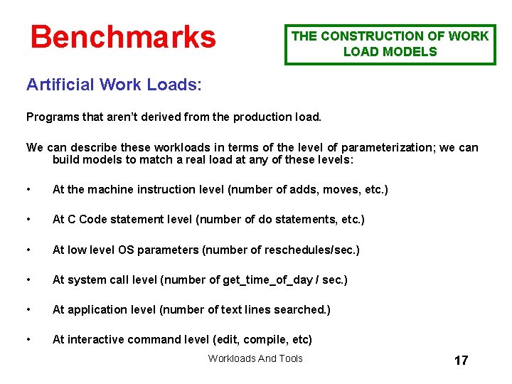 Benchmarks THE CONSTRUCTION OF WORK LOAD MODELS Artificial Work Loads: Programs that aren’t derived