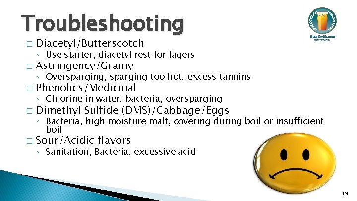 Troubleshooting � Diacetyl/Butterscotch � Astringency/Grainy � Phenolics/Medicinal � Dimethyl Sulfide (DMS)/Cabbage/Eggs � Sour/Acidic flavors