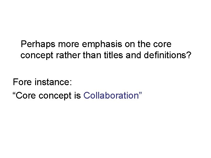 Perhaps more emphasis on the core concept rather than titles and definitions? Fore instance: