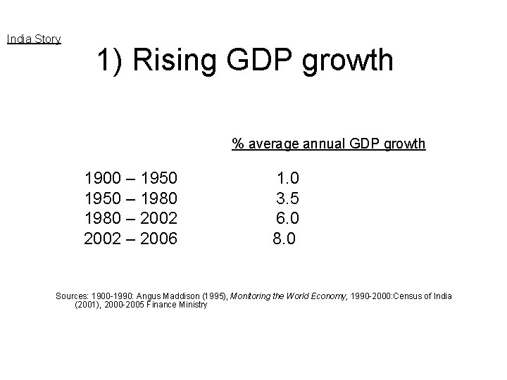 India Story 1) Rising GDP growth % average annual GDP growth 1900 – 1950